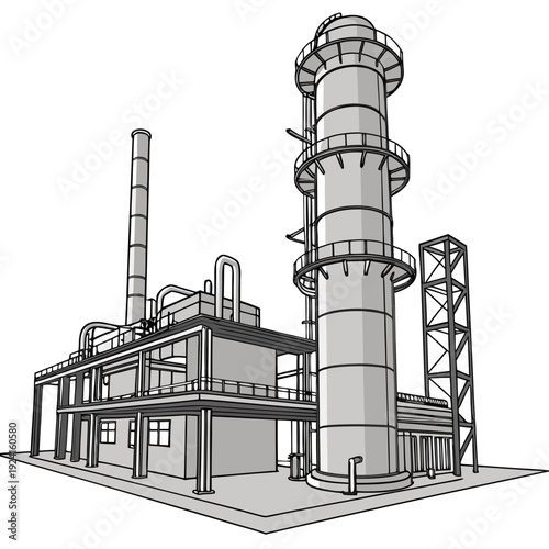 Industrial facility with large cylindrical structure and smokestack