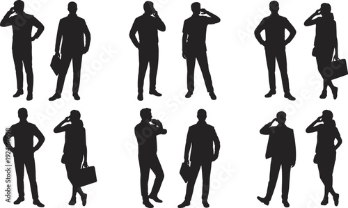 Silhouettes of people standing and talking on phones in business attire with briefcases