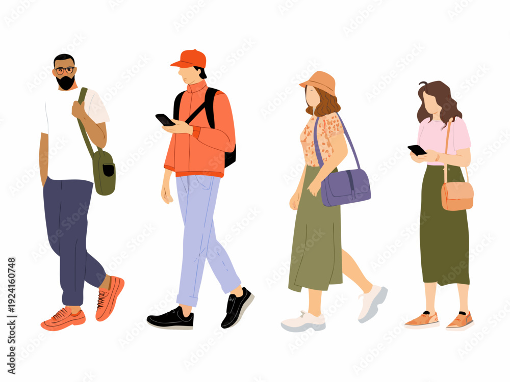 Fototapeta premium Five diverse individuals depicted in a minimalist vector illustration walking and using phones