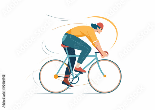 A cyclist rides a bicycle quickly depicted in a stylized flat illustration design
