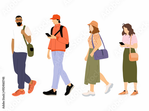 Five diverse individuals depicted in a minimalist vector illustration walking and using phones