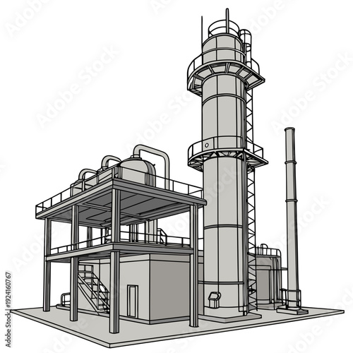 Industrial facility with a tall tower and a platform