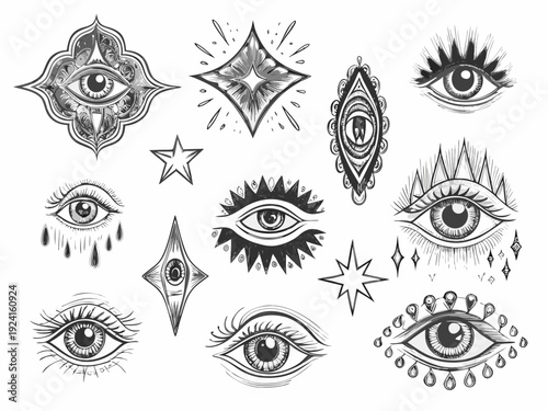A collection of intricate black and white eye illustrations with decorative elements and star shapes