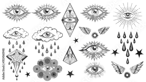 Stylized monochrome illustration featuring eyes clouds raindrops stars wings and geometric shapes