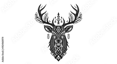 Intricate Deer Head Illustration with Antlers.