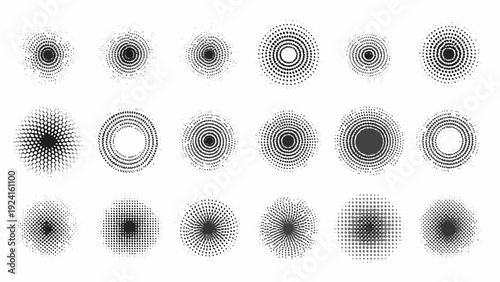 A collection of abstract circular and radial halftone patterns in black and white on a white background