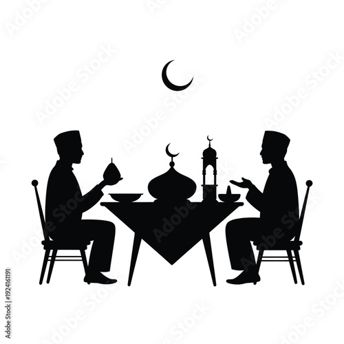 Silhouettes of two men in traditional clothing dine at a table beneath a crescent moon