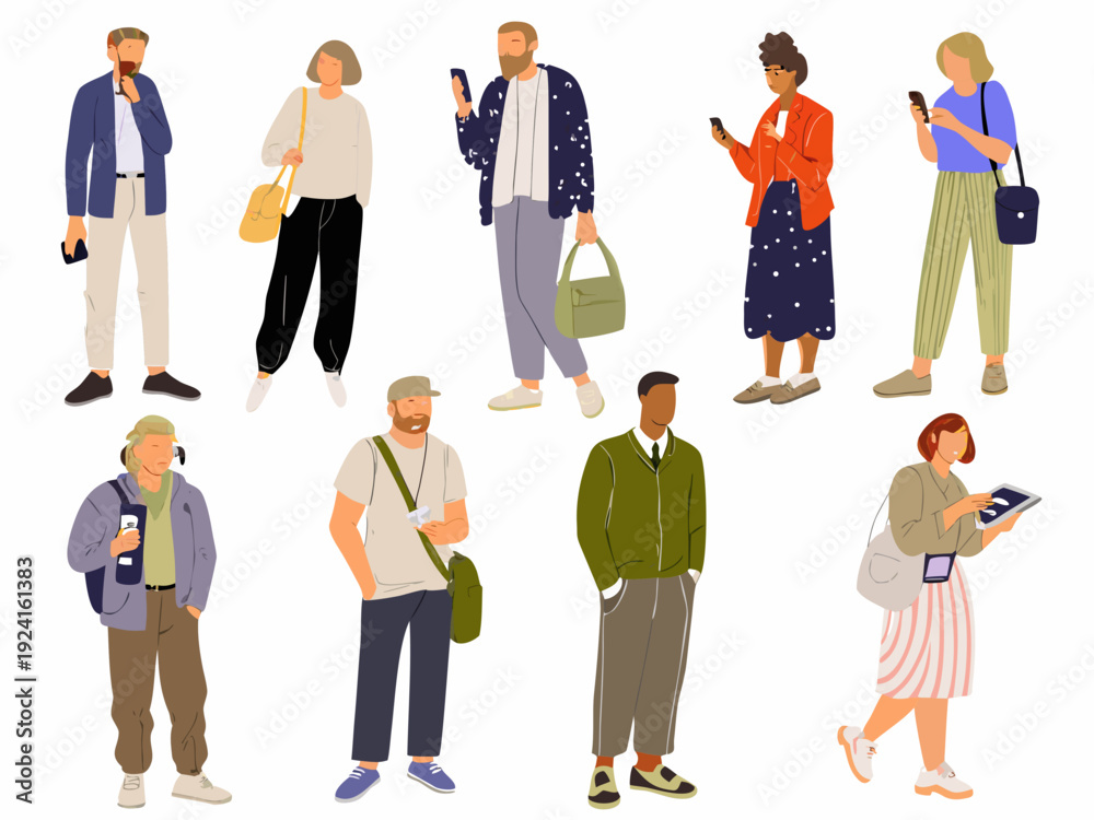 Fototapeta premium A diverse group of people standing and looking at their mobile phones in a vector illustration