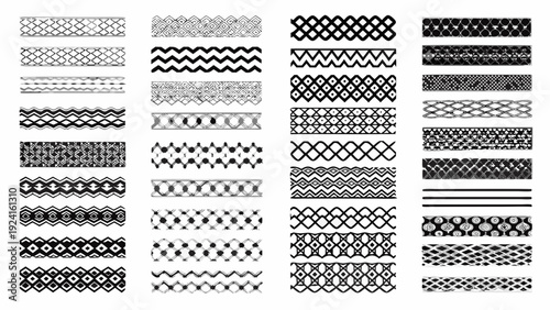 Various decorative black and white lace borders and ornamental patterns arranged in a grid layout