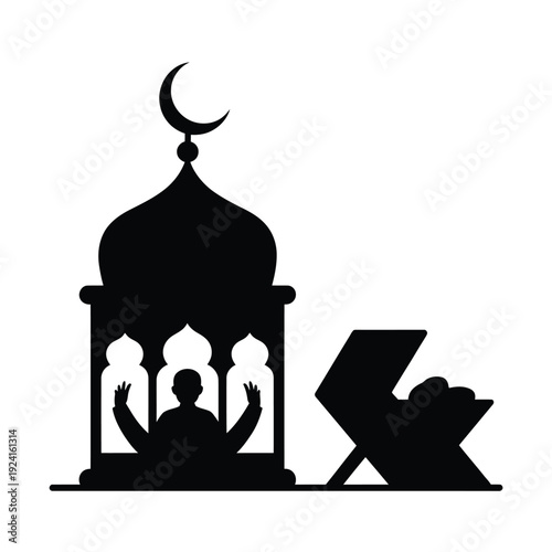 Islamic symbol mosque crescent moon open book and praying figure silhouette