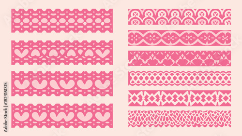 Pink decorative paper lace borders in various patterns arranged in a vertical sequence