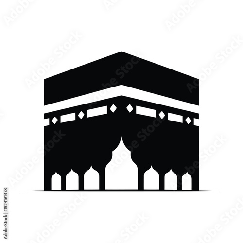 Black and white silhouette of the kaaba a central mosque structure in islam