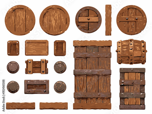 Various wooden barrels crates planks and architectural elements in a fantasy style illustration