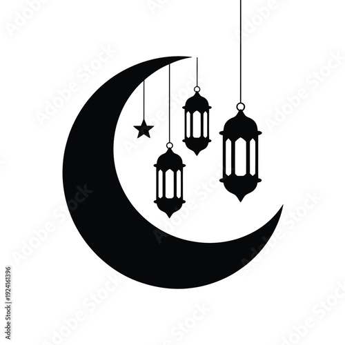 Black silhouette of a crescent moon with hanging lanterns and a single star decoration