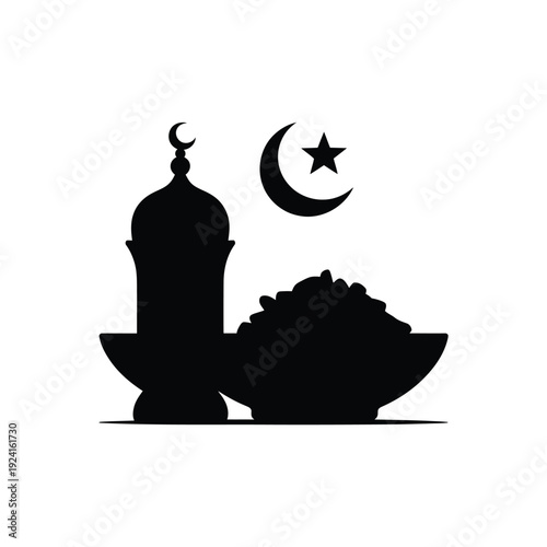 Silhouette of mosque crescent moon star and bowl representing islamic culture and heritage