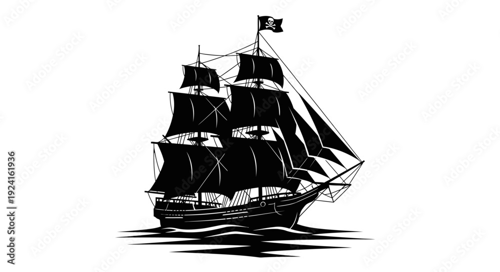 Φωτογραφία Black Silhouette of Sailing Ship.