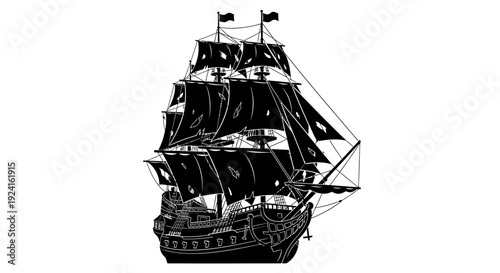 Vintage Black and White Sailing Ship Illustration.