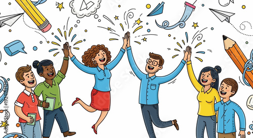 Group of People Celebrating with Hands Raised.