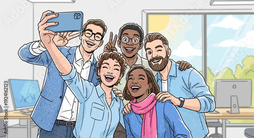Group of Diverse Friends Taking Selfie Together.