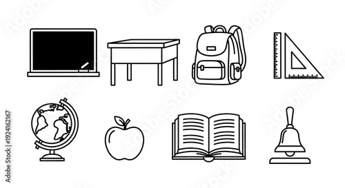Collection of school and education-related line art icons on a white background.