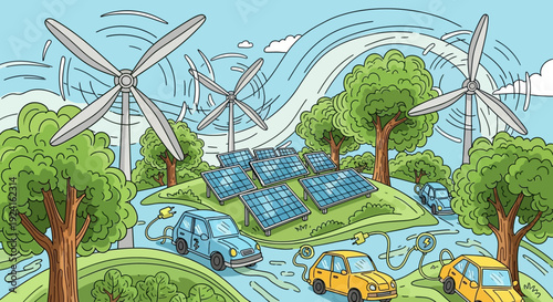 Renewable Energy Landscape with Wind Turbines Solar Panels.