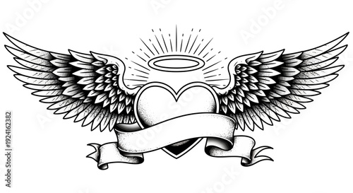 Angel Wings Heart Halo Tattoo Design.