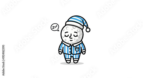 Cute cartoon moon character sleeping peacefully in pajamas and a nightcap.