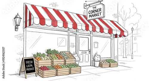 Corner Market Storefront with Striped Awning.