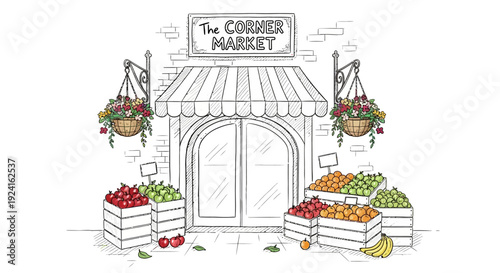 Hand Drawn Illustration of a Fruit Market Stall.