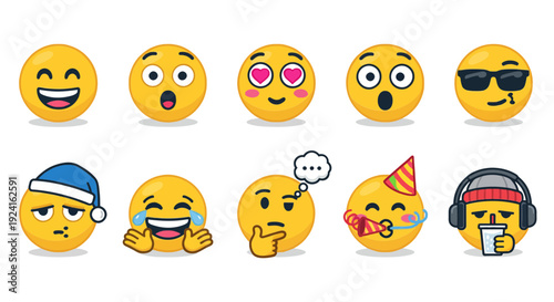 Vibrant Vector Emoticon Set Diverse Expressive Cartoon Emoji Faces Depicting Moods, Feelings, and Reactions for Digital Communication and Creative Use