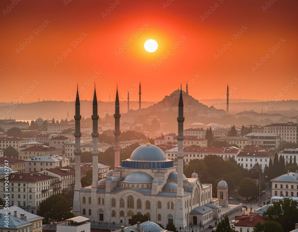 Fototapeta premium A stunning cityscape at sunrise or sunset features a large mosque dominating the foreground