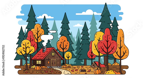 Cozy log cabin nestled in a vibrant autumn forest with colorful trees and pumpkins.