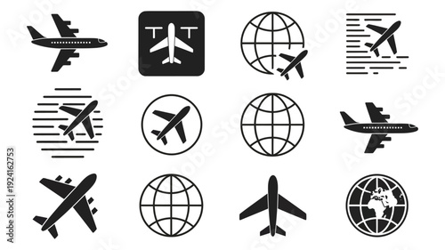 Airplane and Globe Icon Set, Modern Travel and Aviation Symbol Collection, Global Tourism, Flight Routes, International Business, Logistics, and Transportation Vector Illustration