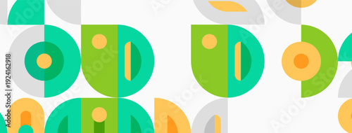 Geometric pattern features overlapping circles, semicircles. Colors include green, yellow, gray. Simple design creates playful texture.