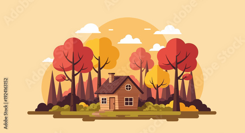 Cozy house nestled among vibrant autumn trees with a warm, inviting atmosphere.