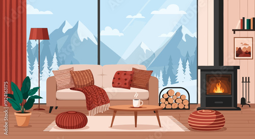 Cozy living room with a fireplace and large window overlooking a snowy mountain landscape.