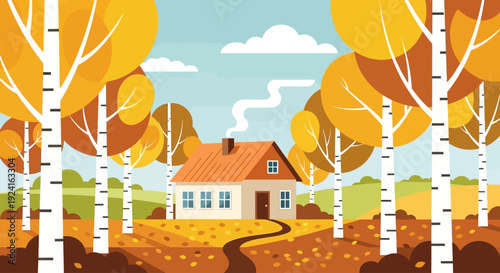 A cozy house with a smoking chimney surrounded by vibrant autumn trees and white birches, with a winding path leading to it under a blue sky.