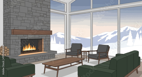 Cozy living room with a large stone fireplace and expansive windows overlooking a snowy mountain landscape.