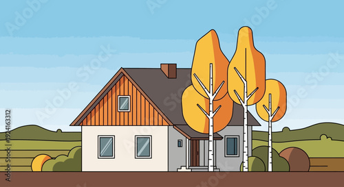 Flat illustration of a cozy house with autumn trees in a peaceful rural landscape.