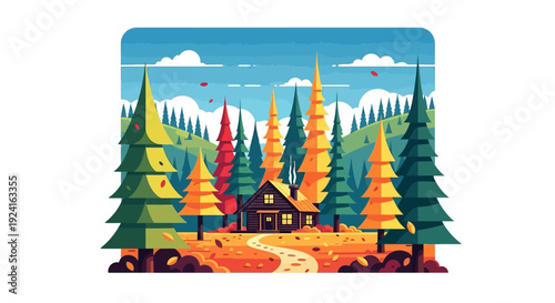 A cozy cabin nestled in a vibrant autumn forest with colorful trees and a winding path under a clear blue sky.