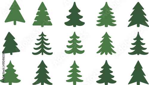 Fifteen green Christmas tree arranged in three rows of five each with varying shades and styles holiday