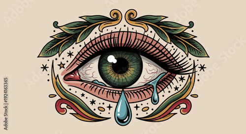 Detailed Illustration of Crying Eye with Leaves.