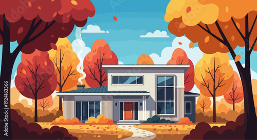 A modern two-story house surrounded by vibrant autumn trees and fallen leaves.