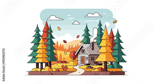A cozy cabin nestled in a vibrant autumn forest with colorful trees and a winding path under a clear blue sky.