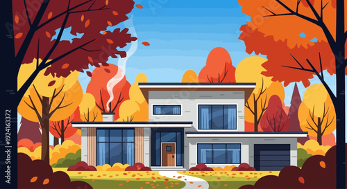 A modern house with large windows surrounded by vibrant autumn trees and fallen leaves.