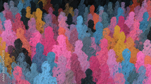 Vibrant, diverse crowd of colorful people silhouettes standing together. An abstract concept representing humanity, society, community, and population in an artistic background