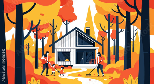 A family raking autumn leaves in front of a modern house surrounded by vibrant fall trees.