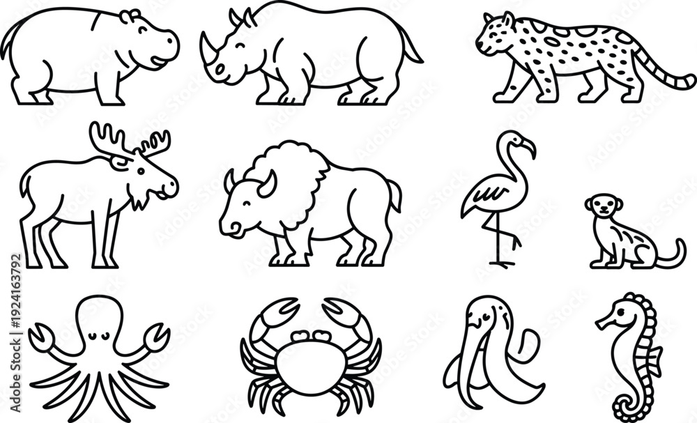 Obraz premium Black and white animal line art vector set, wildlife safari marine outline illustration collection