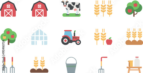 Agriculture farming flat vector icon set, barn cow wheat apple tractor greenhouse tools illustration collection