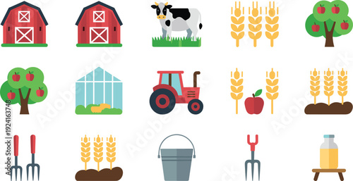 Agriculture farming flat icon set vector illustration, barn cow wheat apple tractor greenhouse tools collection